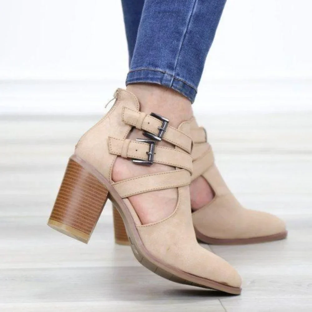 Strappy Taupe Pointy Toe Ankle Boots Faux Leather - Picture 4 of 11